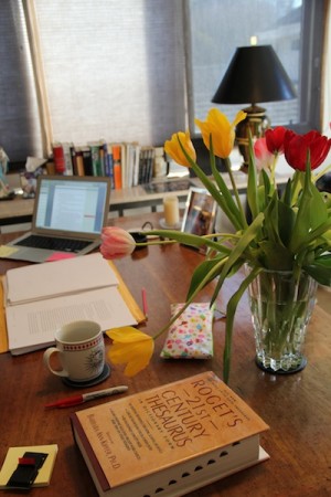 The Wednesday Daughters galleys with tulips and thesaurus